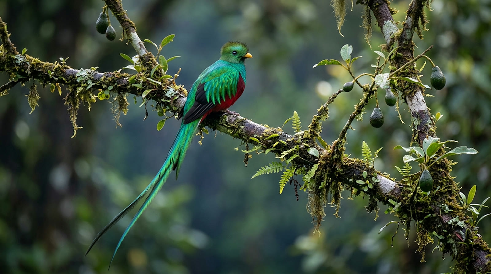 Quetzal macho posado en una rama de aguacatillo con su cola larga