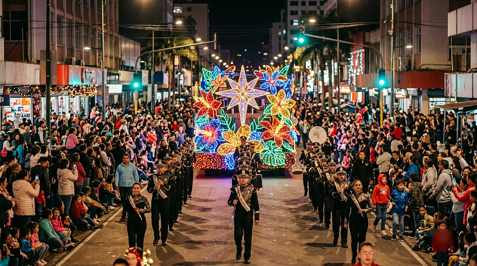 Carroza iluminada y banda desfilando por una avenida de San José de noche